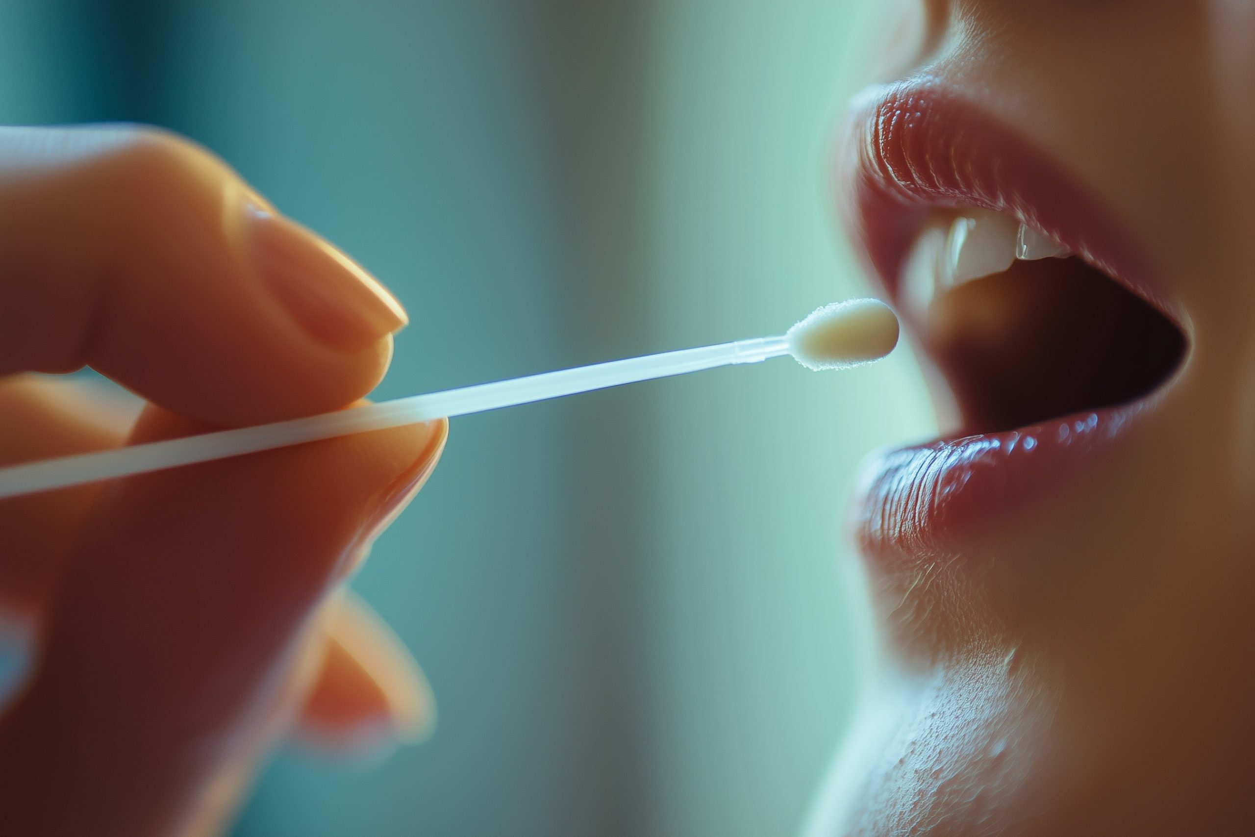 A photgraph of a mouth swab style test being carried out.